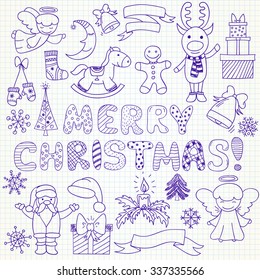 Set of vector Christmas characters and ornaments in doodle style (included snowflake;  gift; Santa Claus; deer; mistletoe; angel; bell; sock; candle; pine; mistletoe; rocking horse, gingerbread man)