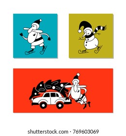 Set of vector Christmas clipart. Jolly Santa Claus hand drawn. Santa Claus and car, Santa on skis, cheerful snowman.
