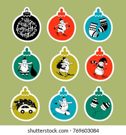 Set of vector Christmas clipart. Jolly Santa Claus hand drawn. Santa Claus and car, Santa on skis, a cheerful snowman on skates. The car carries a Christmas tree. Gloves and socks.
