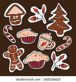 Set of Vector Christmas Cookies isolated on brown background. Gingerbread men, christmas tree, cup, rosehip, candy, keks and house. Cute cartoon stock vector illustration in doodle style.