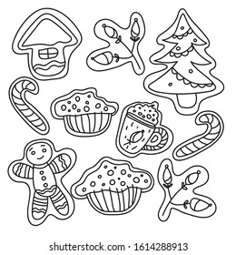 Set of Vector Christmas Cookies isolated on white background. Black and white - gingerbread men, christmas tree, candy, keks and house. Cute cartoon stock vector illustration in doodle style.