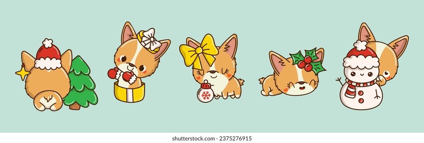 Set of Vector Christmas Corgi Dog Illustrations. Collection of Kawaii Isolated Christmas Dog Art for Stickers. 