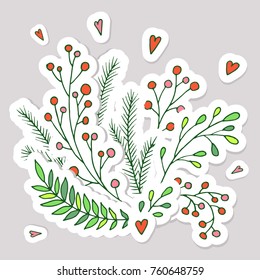 Set of vector Christmas decoration elements. Hand drawn branches, berries and leaves. Stickers collection