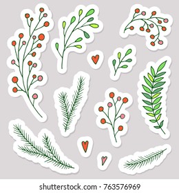 Set of vector Christmas decoration elements. Hand drawn branches, berries and leaves. Stickers collection