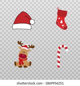 Set of vector Christmas decorations. Decorations deer, christmas hat, new year sock, christmas ice floes png. Holiday, winter, new year.