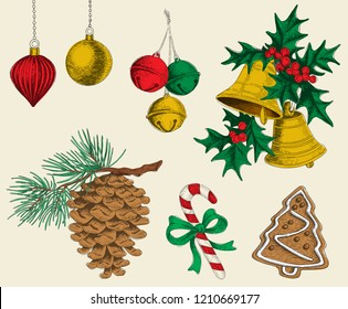 Set of vector Christmas decorations. Hand drawing bells, mistletoe, jingle bells, pine cone, cookie, candy cane and Christmas balls illustration.