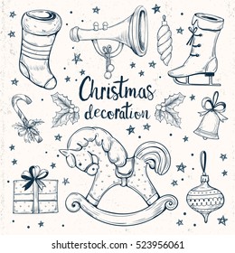 Set of vector  Christmas decorations. Hand drawing skates, christmas socks, present box, wood horse, pipe, bell, stars and leaves candy cane and Christmas ball in vintage style.