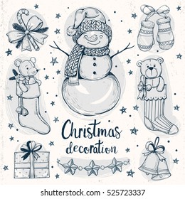 Set of vector  Christmas decorations. Hand drawing Christmas socks with mouse and teddy bear,  mittens, present box, snowman, bell, stars and leaves, candy cane and Christmas garland in vintage style.