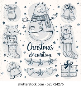 Set vector  Christmas decorations  Hand drawing Christmas socks  present box  snowman  bell  stars   gingerbread  candy cane   Christmas garland in vintage style 