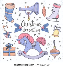 Set of vector  Christmas decorations in pastel color. Hand drawing skates, christmas socks, present box, wood horse, pipe, bell, stars and leaves candy cane and Christmas ball in vintage style.