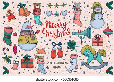 Set vector  Christmas decorations Hand drawing Christmas socks  present box  snowman bell stars   leaves  candy cane   Christmas garland wood horse  balls fox  teddy bear  mouse  skates  pipe 