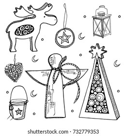 Set of vector Christmas decorations.Hand drawing Christmas light, deer, cherub, Christmas-tree decorations, stars