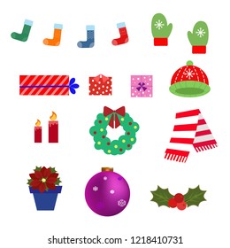Set of vector Christmas design elements: socks, mittens, hat, scarf, gifts, candles, Christmas flower and wreath, isolated vectors on white background