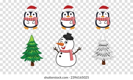 Set of vector Christmas elements, Christmas cartoon cute penguins and snowman with christmas tree, Vector Graphic Illustration.