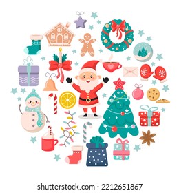 A set of vector Christmas elements and characters for the design of winter holidays. New Year's holiday decorations.
