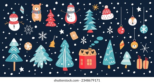 Set of vector Christmas elements. Collection of winter objects. Snowman, tree and pines, hat, bear, decorations, snowflakes. Handrrawn style.