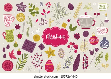 Set of vector Christmas elements - cup, cookie, snowflake, chocolate, cone, fir branch, leaves, berry, candle, walnut, anise, ball, spoon, cone, barberry, rowanberry, almond. Scandinavian style