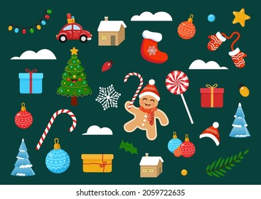 Set of vector Christmas elements. Gingerbread man, Christmas tree and gifts. Illustration for a postcard, banner, poster, website