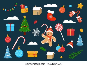 Set of vector Christmas elements. Gingerbread man, Christmas tree and gifts. Illustration for a postcard, banner, poster, website.