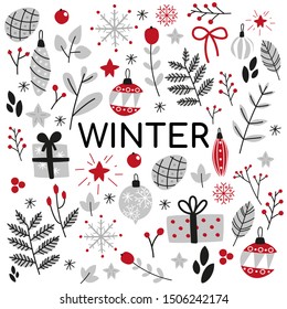 Set of vector Christmas elements - snow, cone, ball, bauble, leaves, bow, snowflake, berry, branch, gift on white background