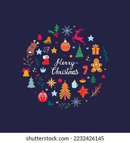 Set of vector christmas elements. Christmas stickers. Holiday patches for your design. Hand-drawn.  New Year and Merry Christmas. Vector illustration.