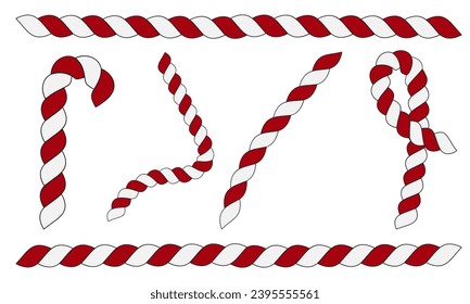 set of vector christmas elements of striped red and white candy canes in different shapes