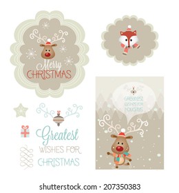 Set of vector christmas vector elements, vintage banner, frames, badge, stickers. 