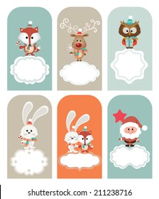 Set of vector Christmas vector elements, vintage banner, frames, badge, stickers. Vintage fox, reindeer, santa, owl and bunny