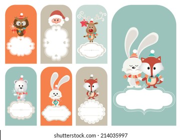 Set of vector Christmas vector elements, vintage banner, frames, badge, stickers. Vintage fox, reindeer, santa, owl and bunny