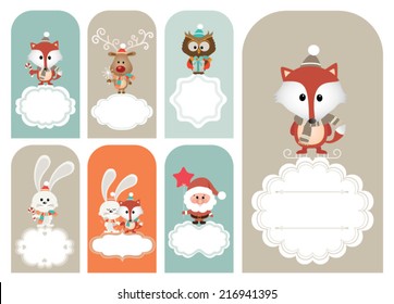 Set of vector Christmas vector elements, vintage banner, frames, badge, stickers. Vintage fox, reindeer, santa, bunny and polar bear