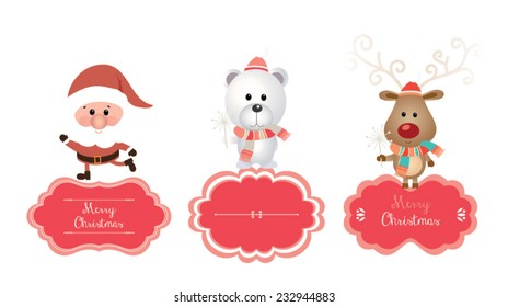 Set of vector Christmas vector elements, vintage banner, frames, badge, stickers. Vintage fox, reindeer, santa, bunny and polar bear