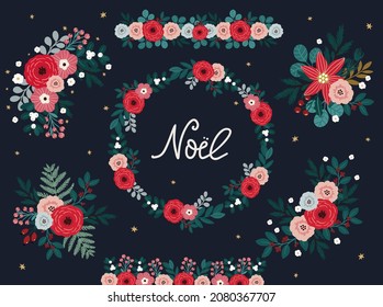 Set of vector christmas festive decorative elements, christmas illustration isolated on dark background. Floral Christmas and winter holidays fun and elegant collection in modern hand drawn style