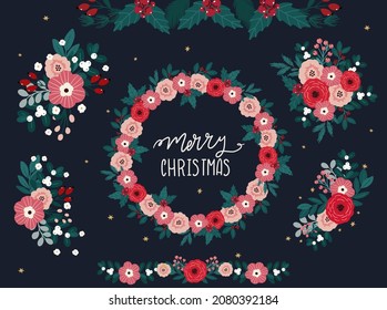 Set of vector christmas festive decorative elements, christmas illustration isolated on dark background. Floral Christmas and winter holidays fun and elegant collection in modern hand drawn style