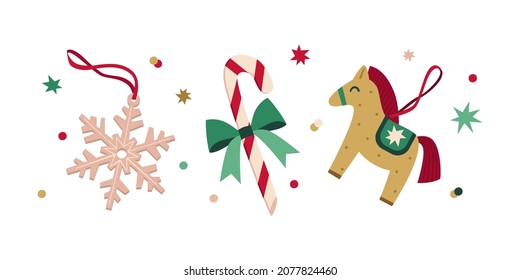 Set of vector Christmas décor in flat style. Christmas stylish set of Christmas toys, candy cane, snowflake, stars and confetti. New Year decoration.