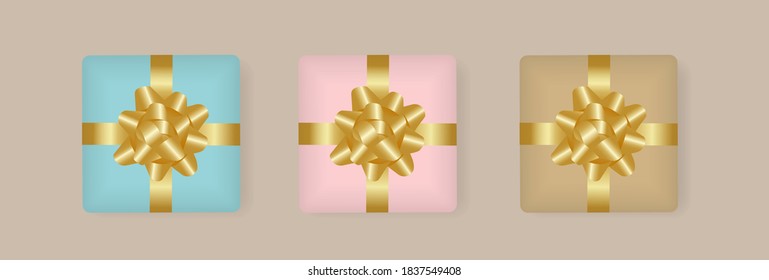 Conjunto de caja de regalo de navidad vectorial con arco dorado. Muchos regalos para cumpleaños, San Valentín, año nuevo. Vista superior, posición plana