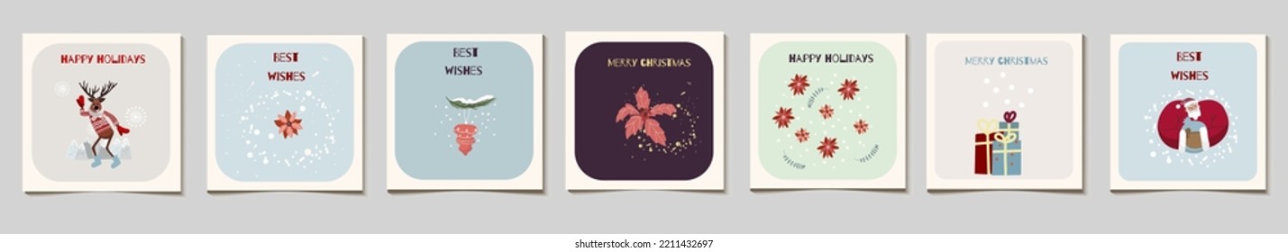 Set of vector Christmas gift square cards or tags, Santa Claus, poinsettia, gift box, snowfall, best wishes, happy holidays and merry christmas.