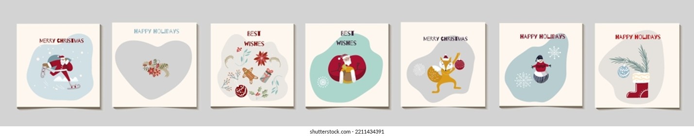 Set of vector Christmas gift square cards or tags, Santa Claus, poinsettia, fox character with gift bag, snowfall, santa's boot with fir tree branch, best wishes, happy holidays and merry christmas.