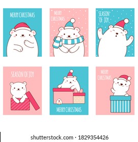 Set of vector Christmas gift tag, card, badge, sticker with cute polar bear. Vertical xmas template card for greeting, decoration, congratulation, invitation with kawaii bears. EPS8