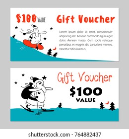 Set of vector Christmas gift vouchers. Funny Santa Claus on skis and snowboards.