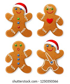 Set of vector Christmas gingerbread man in a Santa hat, decorated with icing, isolated on white