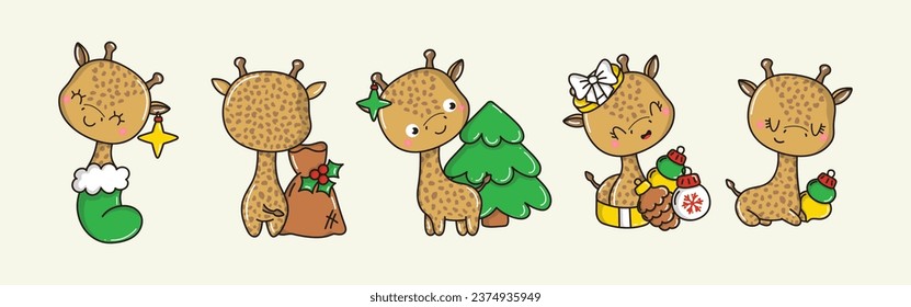 Set of Vector Christmas Giraffe Illustrations. Collection of Kawaii Isolated Christmas Animal Art for Stickers. 