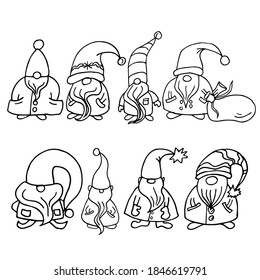 Set of vector Christmas gnomes. Doodle Scandinavian gnomes on a white background