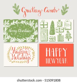 Set of vector Christmas greeting cards. Hand drawn colorful Christmas illustration. Trees and gifts doodle. Holidays lettering.