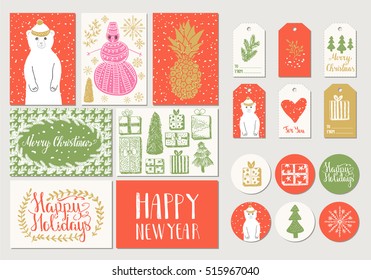 Set of vector Christmas greeting cards, tags, labels and stickers. Hand drawn colorful Christmas illustration. Bear, trees, snowman, snowflake, pineapple, heart and gifts doodle. Holidays lettering.