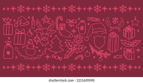 Set of vector Christmas hand drawn doodle elements in pink. Santa, tree, reindeer, snowman, snowflakes, gifts, decorations, holly, candle, stars.