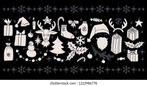 Set of vector Christmas hand drawn doodle elements in gray and white over black. Santa, tree, reindeer, snowman, snowflakes, gifts, decorations, holly, candle, stars.