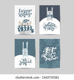 Set of vector Christmas Hand drawn greeting cards. Cute funny winter bear and rabbit. Calligraphy lettering texts. Xmas illustration of scandinavian isolated objects
