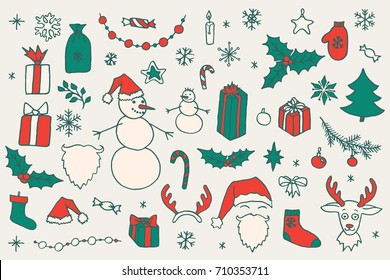 Set of vector Christmas hand drawn doodle elements isolated over white. Santa, tree, reindeer, snowman, snowflakes, gifts, decorations, holly, candle, stars.