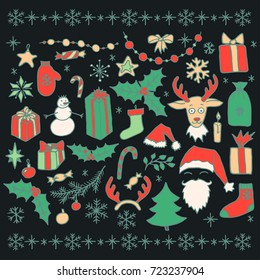 Set of vector Christmas hand drawn doodle elements isolated over black. Santa, tree, reindeer, snowman, snowflakes, gifts, decorations, holly, candle, stars.