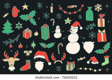 Set of vector Christmas hand drawn doodle elements isolated over black. Santa, tree, reindeer, snowman, snowflakes, gifts, decorations, holly, candle, stars.